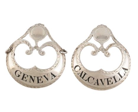 A pair of George III silver wine labels,  by Hester Bateman, London 1784-85, scroll form, with a raised pierced pediment, vac