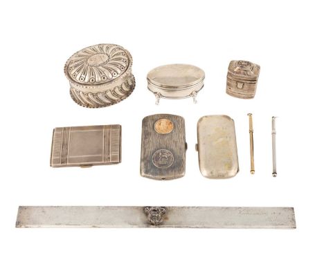 A mixed lot of small silver items,comprising: a Russian ruler, the centre with a boar's head, later inscribed, plus three cig