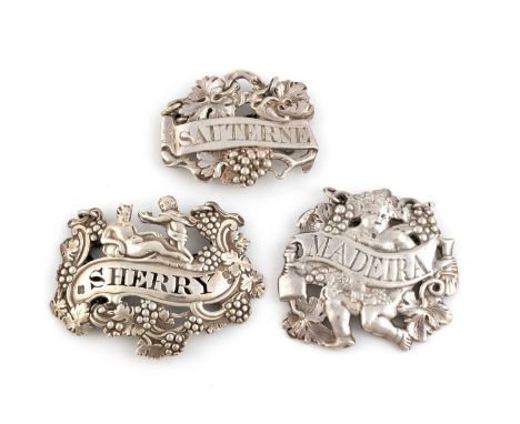 A small collection of three George II /III silver wine labels, comprising: one by Thomas and James Phipps, London 1817, shape