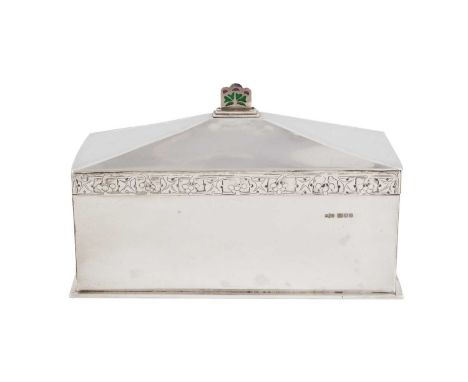 By Ralph Rowe, a modern silver Arts &amp; Crafts style casket,London 1996,rectangular form with a band of engraved foliate de