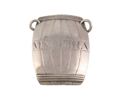 A George III silver wine label, by Susanna Barker, London circa 1792. barrel form, incised 'Madeira', length 3.6cm, approx. w