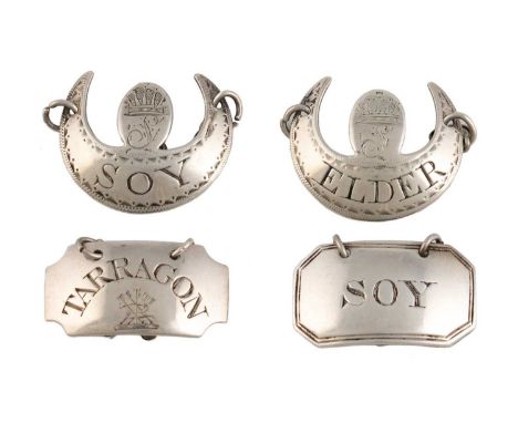 A collection of four George III silver sauce labels, by Susanna Barker, London circa 1780-90. comprising: a pair of crescent 