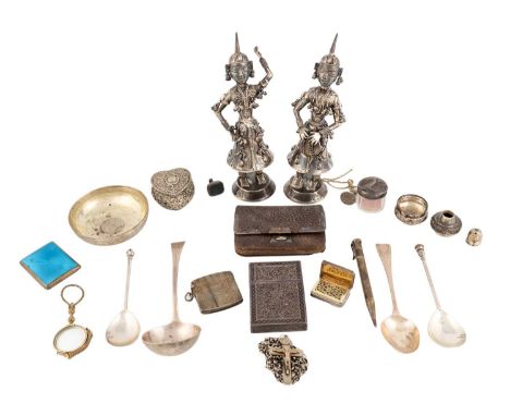 A mixed lot of silver and metalware items,comprising: a vinaigrette, Birmingham 1838, a silver and enamel match box cover, a 