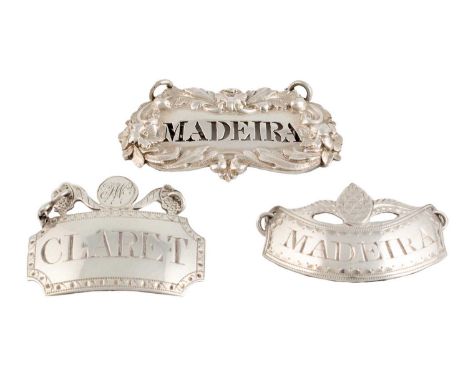 A small collection of three antique silver wine labels, comprising: one by Phipps and Robinson, London circa 1790, rectangula