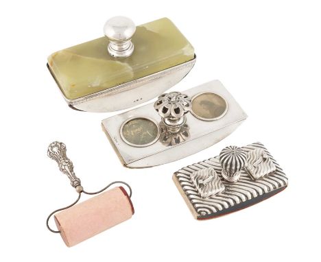 A collection of antique silver desk blotters/stamp holders,comprising: one by Levi &amp; Salaman, Birmingham 1890, rectangula
