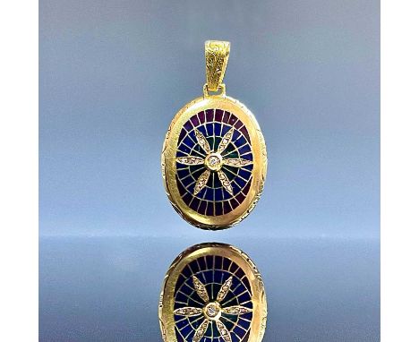 An 18ct gold plique a jour diamond set pendant locket, the hinged front with blue, green and red enamel and with a flower hea