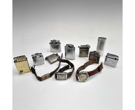 A 14ct gold cased Huber wristwatch16.6x26mm and two other watches together with a Mc Murdo lighter, a Ronson Whirlwind lighte
