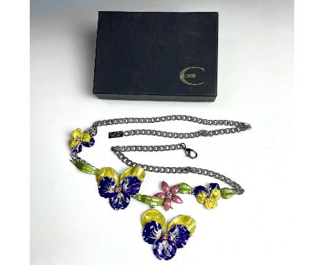 A Roberto Cavalli 'Just Cavalli' silvered metal and coloured enamel belt, with box and certificates, size large.