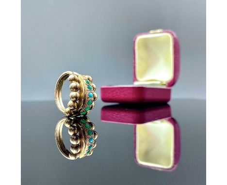 A Victorian high purity gold and turquoise set six stone ring, size M/N, weight 6.57g.