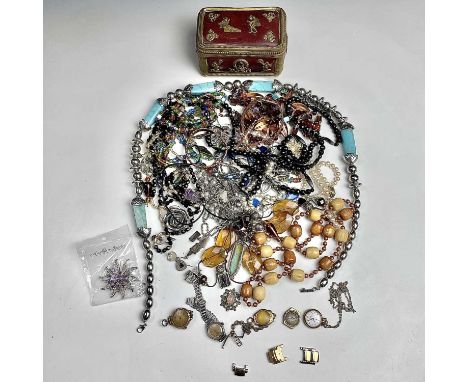 A collection of costume jewellery including three scrap 9ct rose gold cased ladies manual wind wristwatches, some silver and 