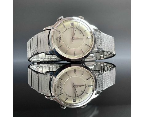 A rare Jaeger LeCoultre MEMOVOX alarm stainless steel automatic wristwatch, circa 1958, the signed 30mm silver dial with silv