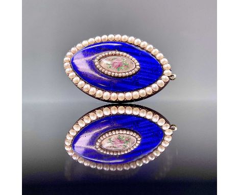 An attractive Georgian rose gold, blue guilloche enamel and pearl set brooch of navette form, with glazed panel front inset w
