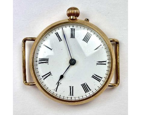 A 9ct gold early 20th century lug wristwatch, the 30mm white enamel dial with Roman numberals, the lever movement signed Bart