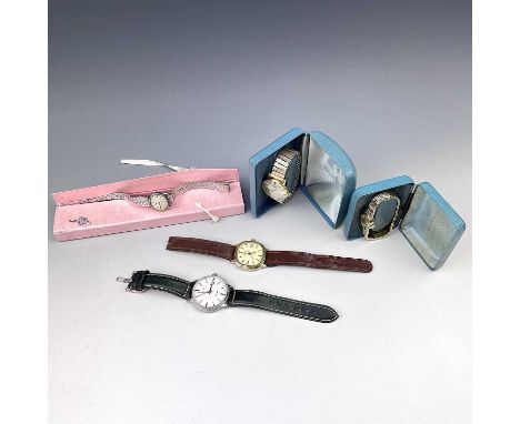 A ladies Omega stainless steel bracelet manual wind wristwatch; together with a Rotary gents manual wind wristwatch and three