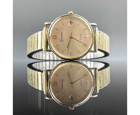 A 9ct gold cased gentlemans manual wind dress watch, the 28mm champagne dial inscribed GENEVE GOLD, with gilt baton markers a