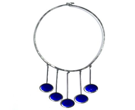 A stylish Scandinavian silver torque, with spoon shape pendant drops with blue enamel, stamped 925S and monogram GS, diameter