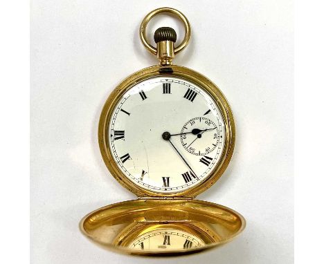 A George V 18ct gold crown wind full hunter pocket watch by an unknown maker, the 42mm white enamel dial with Roman numerals 