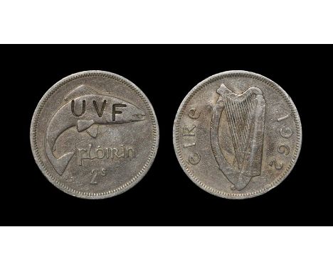  Dated 1962 AD. Obv: harp with EIRE legend and date. Rev: salmon with FLOIRIN 2s legend, unofficially punch countermarked ove