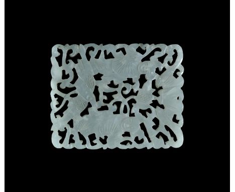  19th-20th century AD. A rectangular jadeite plaque with openwork design of two robed figures and a bird amid a dense mass of