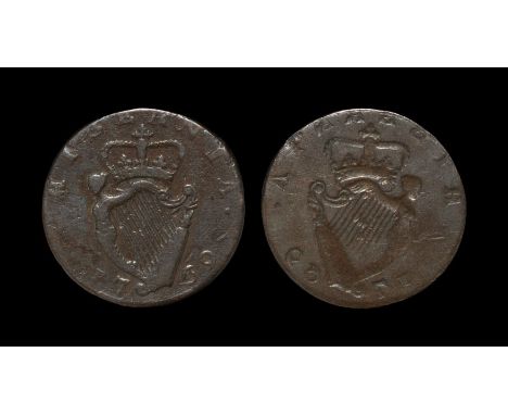 Dated 1769 AD. Obv: incuse and reversed impression of reverse. Rev: crowned 10-stringed harp with HIBERNIA legend and date. C
