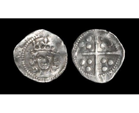  1471-1483 AD. Obv: facing bust with pellet each side of crown, D to left of neck and V to right, legend absent. Rev: long cr