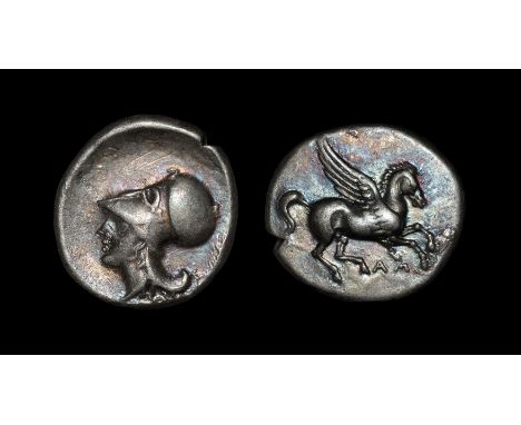 360-338 BC. Obv: Pegasus flying right; AM below. Rev: helmeted head of Athena left; upright grain ear behind. Calciati Pegasi