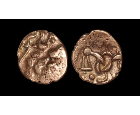  45-10 BC. Obv: wreath, cloak and crescents. Rev: lunate horse left with 'anchor' above, pellet and crescent before head, V-s