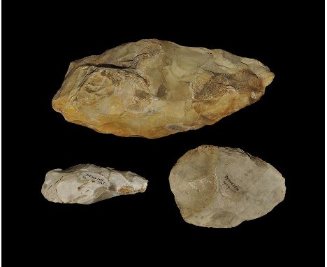  Palaeolithic to Neolithic, 400000-6000 BP. A group of implements comprising: an early bifacial handaxe of heavy section with