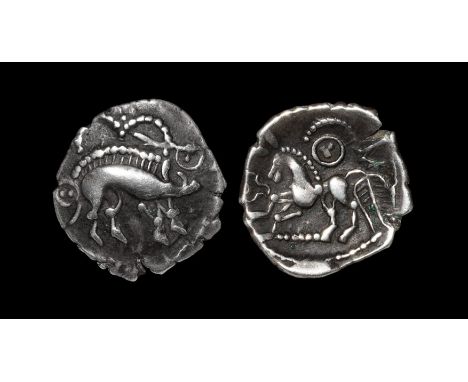  50-40 BC. Obv: boar right with trefoil of pellets over double pelleted arcs above (design is reminiscient of a 'crown'). Rev