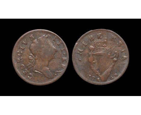 Dated 1769 AD. Obv: profile bust with GEORGIVS III REX legend. Rev: crowned harp with error HIBERSIA legend and date. CGCC -.