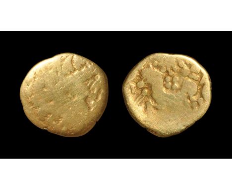  56-55 BC. Obv: wreathed head left. Rev: horse left with symbol and pellet above and double-tailed pellet before. S. 7; Sills