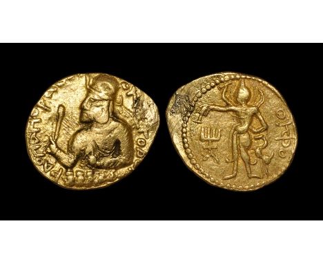  152-192 AD. Obv: PAONANO PAO OOhPKI KOPANO legend with nimbate, diademed and crowned half-length bust of Huvishka left on cl