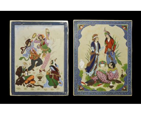  20th century AD. A pair of rectangular ivorine panels, each bearing a hand-painted design, comprising: a festive scene with 