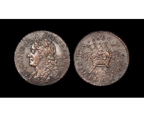  Dated September 1689 AD. Obv: profile bust with IACOBVS II DEI GRATIA legend. Rev: crown over crossed sceptres with XXX and 