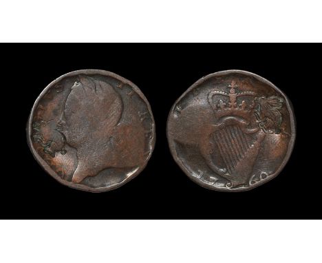 Dated 1760 AD. Old head coinage. Obv: profile bust with 'hare' countermark before and GEORGIVS II REX legend. Rev: crowned ha