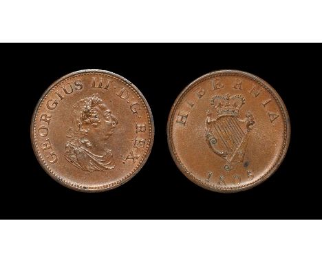 Dated 1805 AD. Soho coinage. Obv: profile bust with GEORGIUS III D G REX legend. Rev: crowned harp with HIBERNIA legend and d