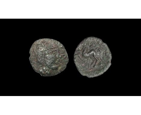 5 BC-10 AD. Obv: profile bust right with crescents for hair. Rev: horse left with sun above and branch below. S. 212; BMC 246