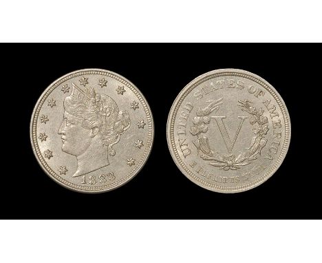 Dated 1883 AD. First type. Obv: bust of Liberty with date below and stars around. Rev: large V within wreath with UNITED STAT