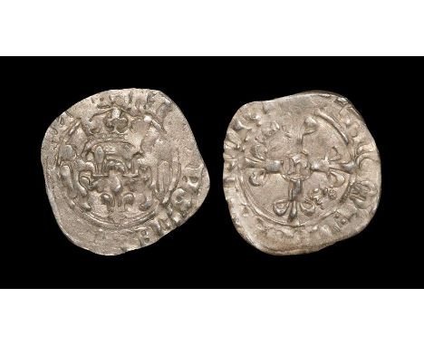  1420 AD. Fourth issue, Rouen mint. Obv: crown over three fleurs with lion rampant each side and +H REX ANGLIE Z HERES FRANCI