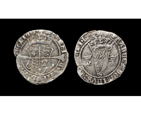 1536-1537 AD. First harp issue. Obv: long cross over crowned arms with HENRIC VIII REX ANGL legend and 'crown' mintmark. Rev: