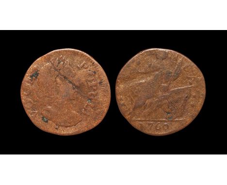 Dated 1760 AD. Obv: profile bust with VOCE POPULI legend. Rev: Hibernia with harp HIBERNIA legend and date below. KM# Tn 22. 