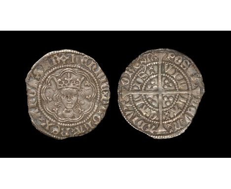 1422-1447 AD. Obv: facing bust with annulet each side of neck within tressure with HENRIC DI GRA REX ANGL Z FR legend. Rev: l