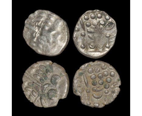  1st century BC. Obvs: wreath, cloak and crescents. Revs: disjointed horse with rectangular head, large pellet above, ellipse