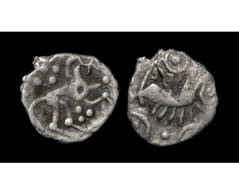  1-43 AD. Obv: boar right, pellet above with pellet-in-annulet above (two), behind and below. Rev: annulate horse right with 