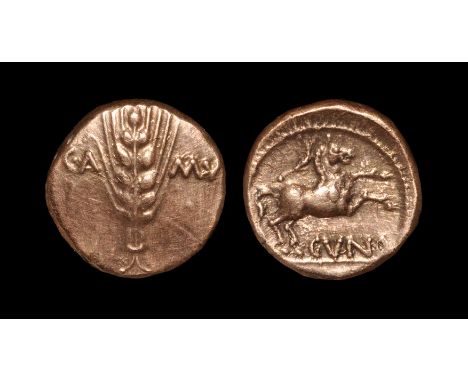  10-41 AD. Obv: ear of corn with central stalk with C.A to left and MV right. Rev: 'classic' style horse rearing right with b