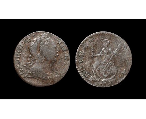 Dated 1773 AD. Obv: profile bust with GEORGIVS III R legend with partial E after R. Rev: Britannia with BRITANNIA legend and 