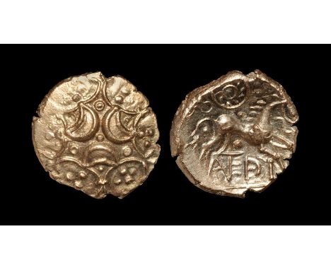  10-30 AD. Obv: three opposed crescents, pellet at centre and at cusps, enclosed by six arcs with trefoil or quatrefoil of pe