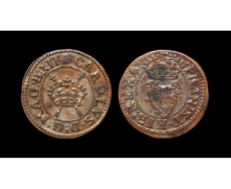  1634-1636 AD. Type 2, obverse 5/reverse 1. Obv: crown over crossed sceptres with CAROLVS D G MAG BRIT legend with 'bell-over