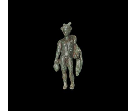  1st-2nd century AD. A bronze figure of Mercury naked except for a cloak over the left shoulder; winged cap on head, bag of m