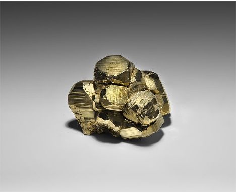  . A finely crystallized group of pyrite crystals with 'cube modified by octahedron' crystallisation and bright faces, with o